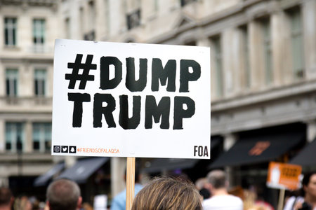 London, United Kingdom, 13th July 2018:Placards carried by anti Donald Trump protesters marching in...