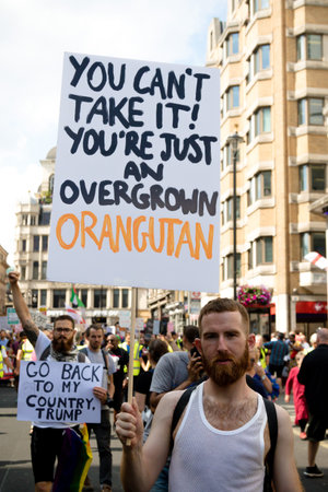 London, United Kingdom, 13th July 2018:Placards carried by anti Donald Trump protesters marching in...