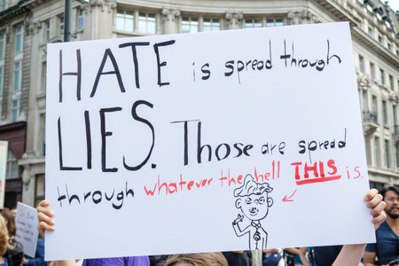 London, United Kingdom, 13th July 2018:Placards carried by anti Donald Trump protesters marching in...