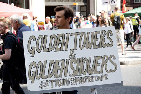 London, United Kingdom, 13th July 2018:Placards carried by anti Donald Trump protesters marching in...