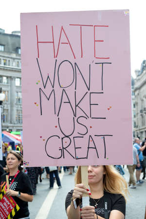 London, United Kingdom, 13th July 2018:Placards carried by anti Donald Trump protesters marching in central Londonのeditorial素材