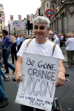 London, United Kingdom, 13th July 2018:Placards carried by anti Donald Trump protesters marching in...