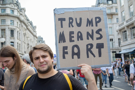 London, United Kingdom, 13th July 2018:Placards carried by anti Donald Trump protesters marching in...