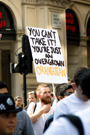 London, United Kingdom, 13th July 2018:Placards carried by anti Donald Trump protesters marching in...