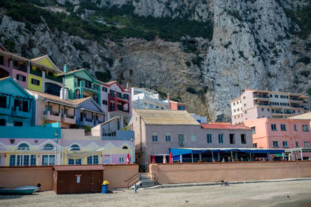 Gibraltar, United Kingdom, 2nd October 2018:- Colourful buildings along the seafront in Catalan Bay, Gibraltar. Gibraltar is a British Overseas Territory located on the southern tip of Spain.のeditorial素材