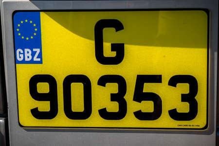 Gibraltar, United Kingdom, 1st October 2018:- Car licence plates in Gibraltar. Gibraltar is a British Overseas Territory located on the southern tip of Spain.のeditorial素材