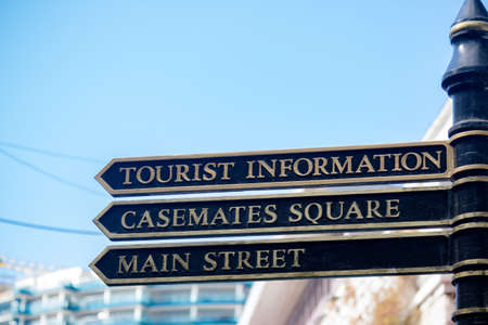 Gibraltar, United Kingdom, 3rd october 2018:- Tourist information signs in Casemates Square, Gibraltar. Gibraltar is a British Overseas Territory located on the southern tip of Spain.のeditorial素材