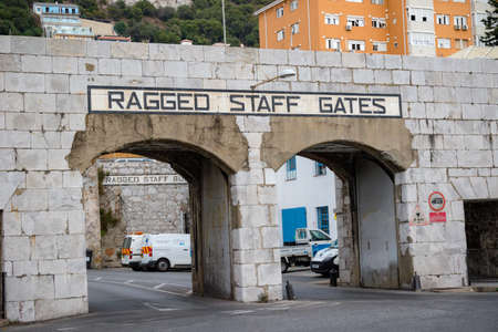 Gibraltar, United Kingdom, 30th September 2018:- The Ragged Staff Gates in the Town Walls of Gibraltar. Gibraltar is a British Overseas Territory located on the southern tip of Spain.のeditorial素材