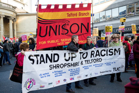 London, United Kingdom, November 17th:- The Stand Up To Racism march through central London from the BBC to near Downing Street in Whitehallのeditorial素材