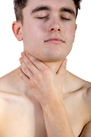 Fit shirtless caucasian young adult with throat painの写真素材