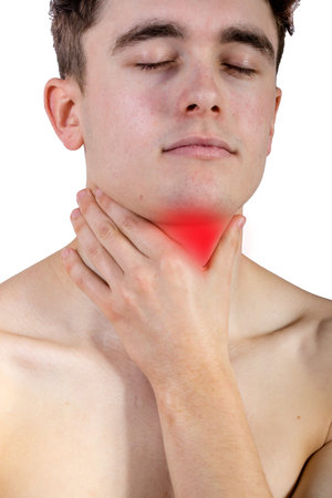 Fit shirtless caucasian young adult with throat painの写真素材