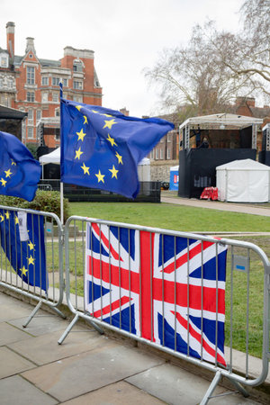 London, United Kingdom, 31st January 2019:- The British Union Flag and European Flag flying outside...