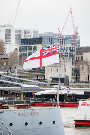 London, United Kingdom, 31st January 2019:- The White Ensign flying on the stern of HMS Belfast