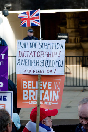 London, United Kingdom, March 29th 2019:- Pro Brexit marchers outside the British Parliament on the...