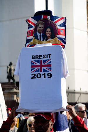 London, United Kingdom, March 29th 2019:- Pro Brexit marchers outside the British Parliament on the...
