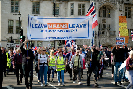 London, United Kingdom, March 29th 2019:- Pro Brexit marchers outside the British Parliament on the...