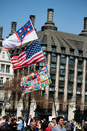 London, United Kingdom, March 29th 2019:- Pro Brexit marchers outside the British Parliament on the...
