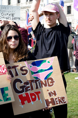London, United Kingdom, March 29th 2019:- School aged protesters outside the British Parliament...