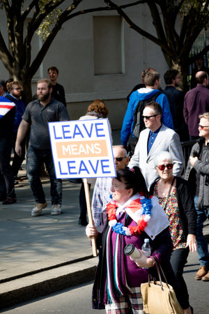 London, United Kingdom, March 29th 2019:- Pro Brexit marchers outside the British Parliament on the...