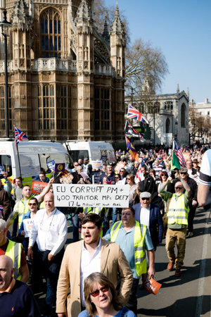London, United Kingdom, March 29th 2019:- Pro Brexit marchers outside the British Parliament on the...