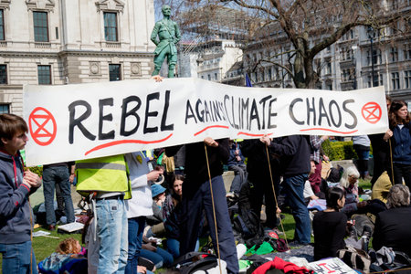 London, United Kingdom, 15th April 2019:- Extinction Rebellion protesters in Parliament Square,...