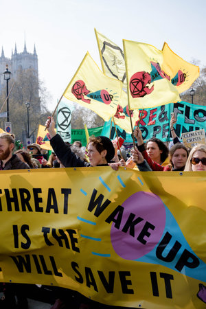 London, United Kingdom, 15th April 2019:- Extinction Rebellion protesters in Parliament Square,...