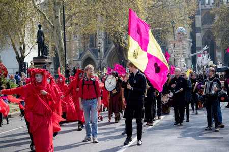 London, United Kingdom, 15th April 2019:- Extinction Rebellion protesters in Parliament Square,...
