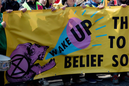 London, United Kingdom, 15th April 2019:- Extinction Rebellion protesters in Parliament Square,...