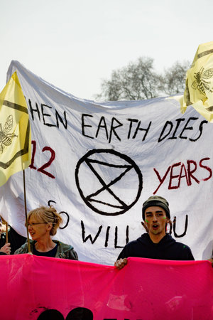 London, United Kingdom, 15th April 2019:- Extinction Rebellion protesters in Parliament Square,...