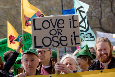 London, United Kingdom, 15th April 2019:- Extinction Rebellion protesters in Parliament Square,...