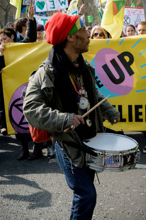 London, United Kingdom, 15th April 2019:- Extinction Rebellion protesters in Parliament Square,...