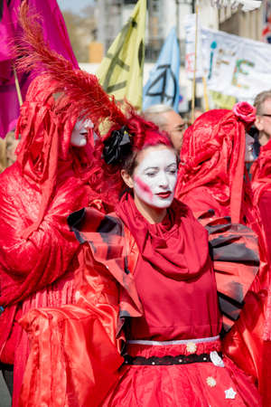 London, United Kingdom, 15th April 2019:- Extinction Rebellion protesters in Parliament Square, protesting about climate change.のeditorial素材