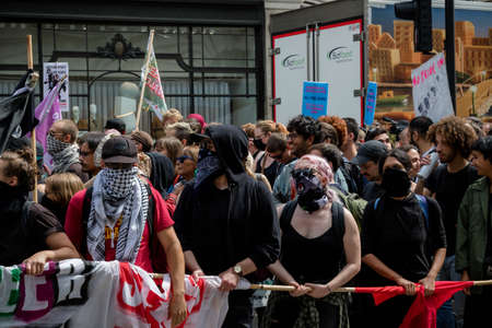 London, United Kingdom, August 3rd 2019:- Anti fascist demonstrators march in opposition to a rally by supporters of the former EDL leader Tommy Robinsonのeditorial素材