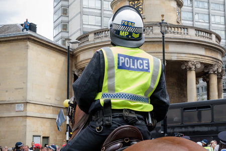 London, United Kingdom, August 3rd 2019:- Police on horseback during an anti fascist demonstration...