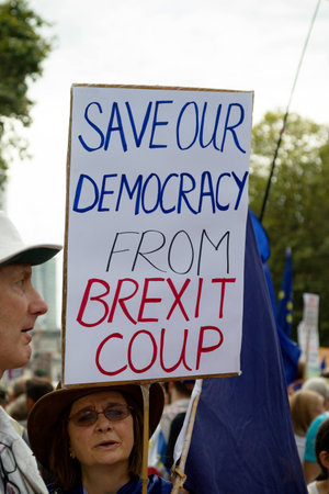 London, United Kingdom, August 31st 2019:- Protesters in Whitehall, Central London protesting Prime...