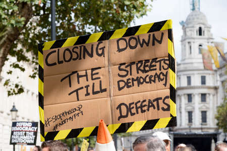 London, United Kingdom, August 31st 2019:- Protesters in Whitehall, Central London protesting Prime Minister Boris Johnson's plan to suspend Parliament for five weeksのeditorial素材