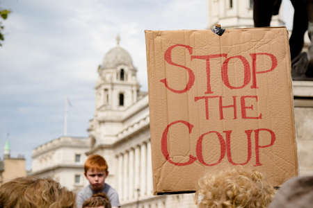London, United Kingdom, August 31st 2019:- Protesters in Whitehall, Central London protesting Prime Minister Boris Johnson's plan to suspend Parliament for five weeks referred to as a coupのeditorial素材
