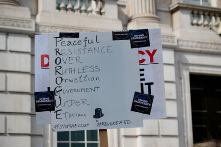 London, United Kingdom, August 31st 2019:- Protesters in Whitehall, Central London protesting Prime Minister Boris Johnson's plan to suspend Parliament for five weeksのeditorial素材