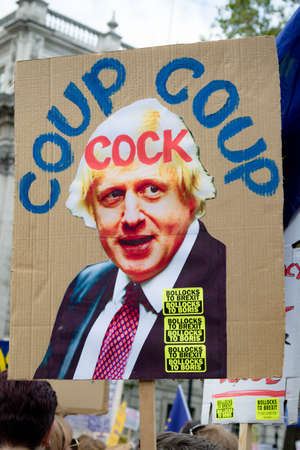 London, United Kingdom, August 31st 2019:- Protesters in Whitehall, Central London protesting Prime Minister Boris Johnson's plan to suspend Parliament for five weeks referred to as a coupのeditorial素材