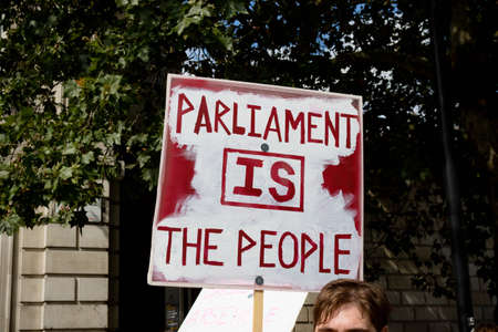 London, United Kingdom, August 31st 2019:- Protesters in Whitehall, Central London protesting Prime Minister Boris Johnson's plan to suspend Parliament for five weeksのeditorial素材