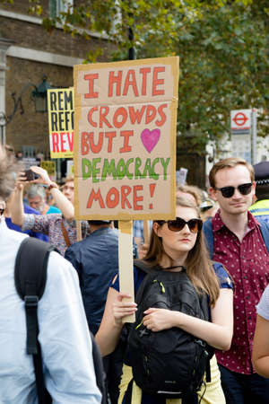 London, United Kingdom, August 31st 2019:- Protesters in Whitehall, Central London protesting Prime Minister Boris Johnson's plan to suspend Parliament for five weeksのeditorial素材