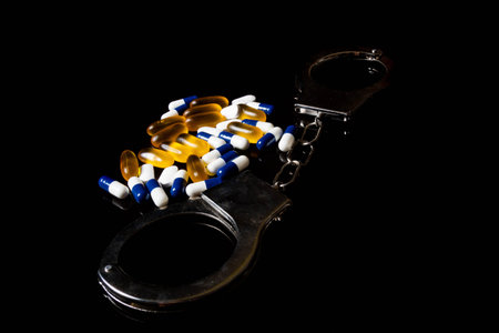 Illegal drug crisis concept showing pills and handcuffs