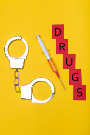 Illegal drug crisis concept showing a full syringe and handcuffs with the message Drugs on a yellow...