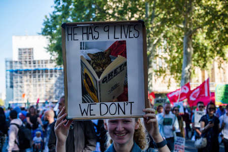 London, United Kingdom, 20th September 2019:- Climate Change Protesters gather in Westminster, central London near the British Parliament as part of a global day of protestのeditorial素材