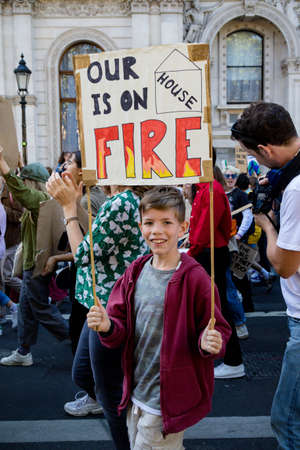 London, United Kingdom, 20th September 2019:- Climate Change Protesters gather in Westminster, central London near the British Parliament as part of a global day of protestのeditorial素材