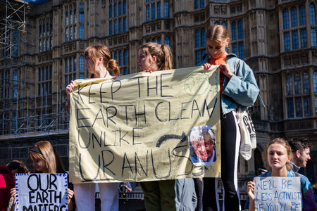 London, United Kingdom, 20th September 2019:- Climate Change Protesters gather in Westminster,...