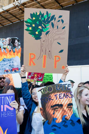 London, United Kingdom, 20th September 2019:- Climate Change Protesters gather in Westminster, central London near the British Parliament as part of a global day of protestのeditorial素材