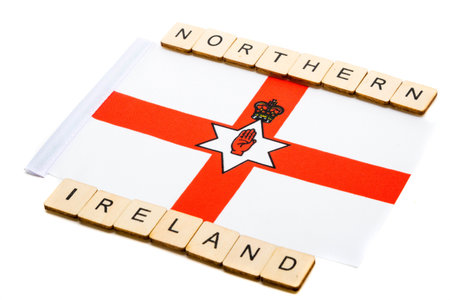 The national flag of Northern Ireland on a white background with a sign reading Northern Ireland