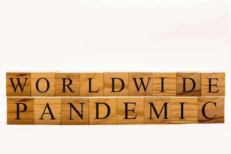 Coronavirus concept showing wooden blocks on a white background reading Worldwide Pandemicの写真素材