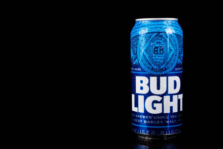 Sandhurst, United Kingdom; February 13th 2021:- A can of Bud Light isolated on a black background
